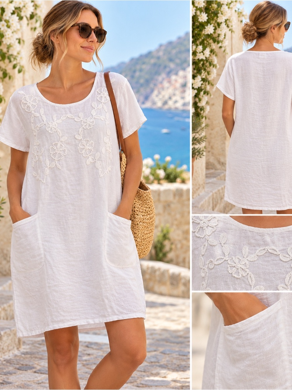 Piazza Italia NWT 100% Linen White Embroidered Shift Dress S/M Made Italy